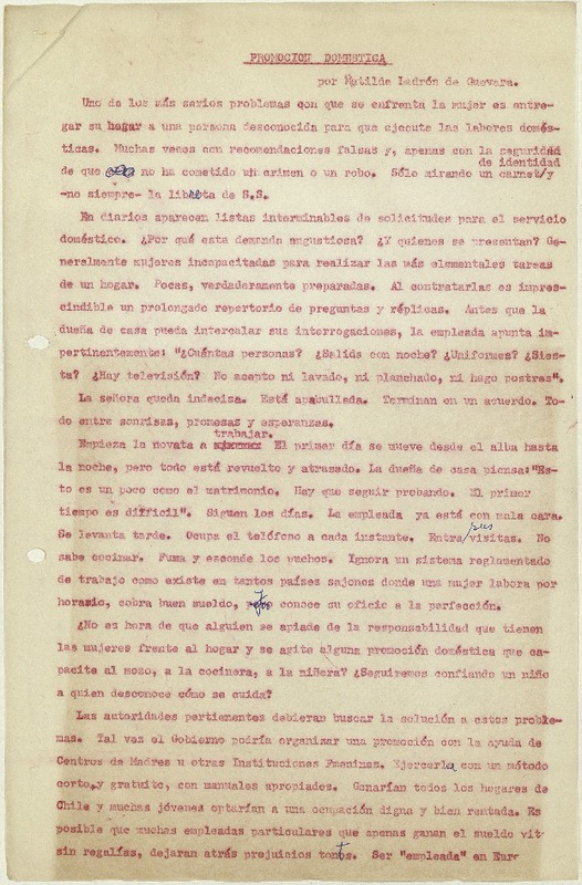 Promoción doméstica  [manuscrito] Matilde Ladrón de Guevara.