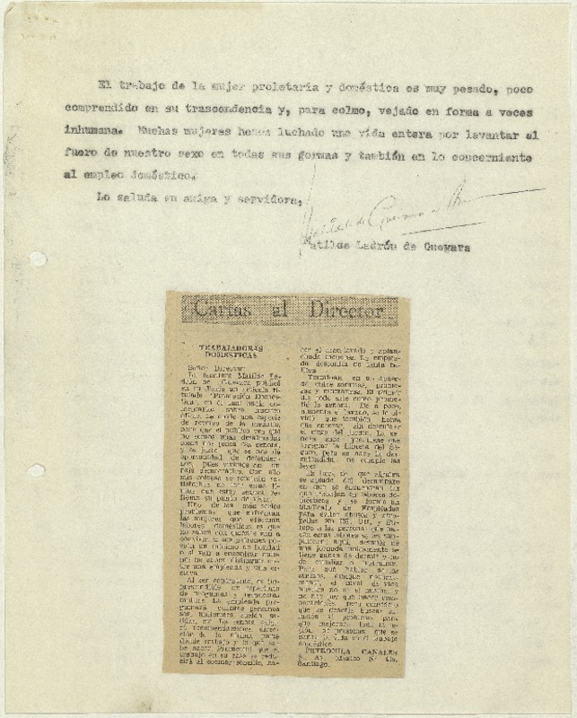 [Carta] 1966 abril 10, Santiago, Chile [a] Señor Director [La Nación]  [manuscrito] Matilde Ladrón de Guevara.