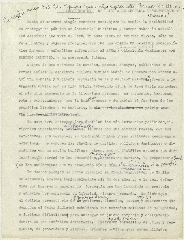 Presentación de Sybila de Arguedas en Cantogrande  [manuscrito] Matilde Ladrón de Guevara.
