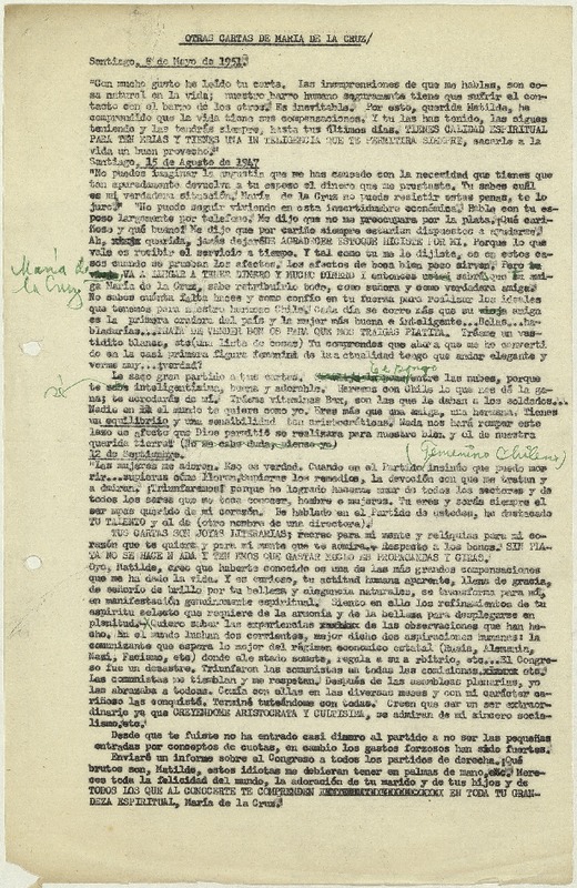 Otras cartas de María de la Cruz  [manuscrito] Transcripción de Matilde Ladrón de Guevara.