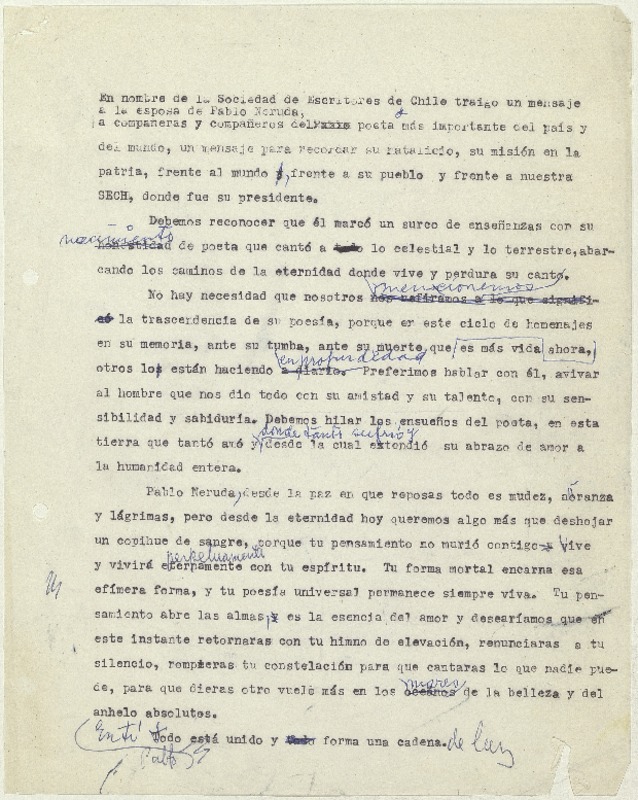 [Acerca de Pablo Neruda]  [manuscrito] Matilde Ladrón de Guevara.
