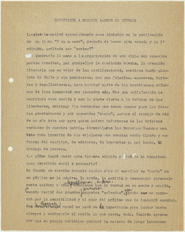 Entrevista a Matilde Ladrón de Guevara  [manuscrito] Matilde Ladrón de Guevara.