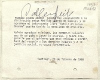 [Tarjeta] 1990 febrero 26, Santiago, Chile [a] Matilde Ladrón de Guevara  [manuscrito] Patricio Aylwin Azócar.
