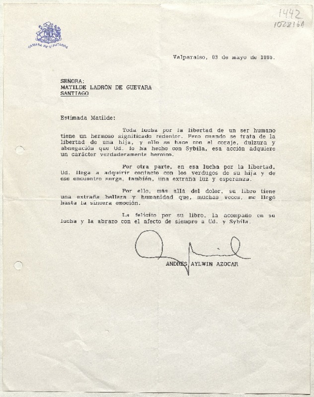 [Carta] 1995 mayo 3, Valparaíso, Chile [a] Matilde Ladrón de Guevara  [manuscrito] Andrés Aylwin Azócar.