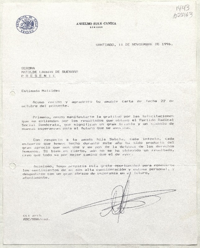 [Carta] 1996 noviembre 11, Santiago, Chile [a] Matilde Ladrón de Guevara  [manuscrito] Anselmo Sule Candia.