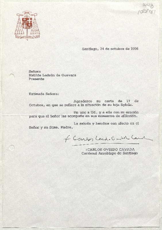 [Carta] 1996 octubre 24, Santiago, Chile [a] Matilde Ladrón de Guevara  [manuscrito] Carlos Oviedo Cavada.