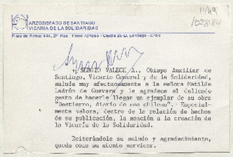 [Tarjeta] [1983?], Santiago, Chile [a] Matilde Ladrón de Guevara  [manuscrito] Sergio Valech.