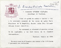 [Tarjeta] 1990 agosto, Santiago, Chile [a] Matilde Ladrón de Guevara  [manuscrito] Carlos Oviedo Cavada.