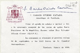 [Tarjeta] 1990 agosto, Santiago, Chile [a] Matilde Ladrón de Guevara  [manuscrito] Carlos Oviedo Cavada.