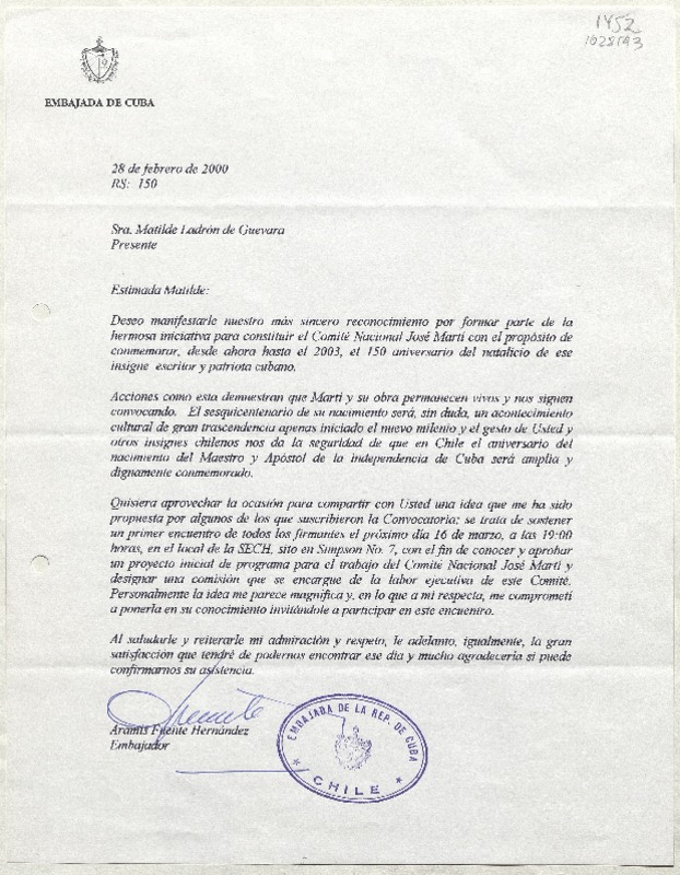 [Carta] 2000 febrero 28, Santiago, Chile [a] Matilde Ladrón de Guevara  [manuscrito] Aramis Fuente Hernández.