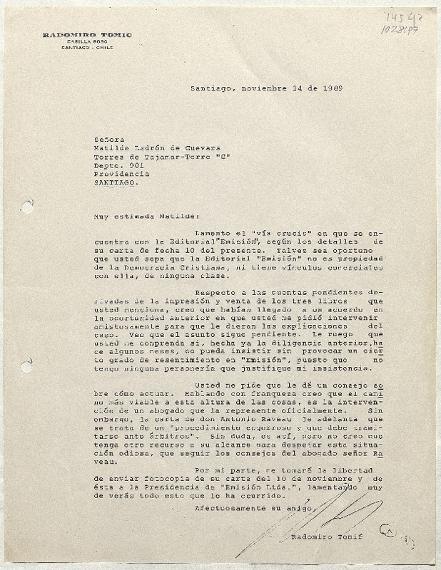 [Carta] 1989 noviembre 14, Santiago, Chile [a] Matilde Ladrón de Guevara  [manuscrito] Radomiro Tomic.