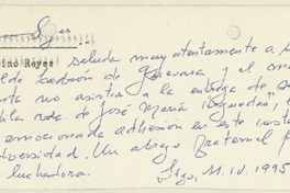 [Tarjeta] 1995 abril 11, Santiago, Chile [a] Matilde Ladrón de Guevara  [manuscrito] Luis Merino Reyes.