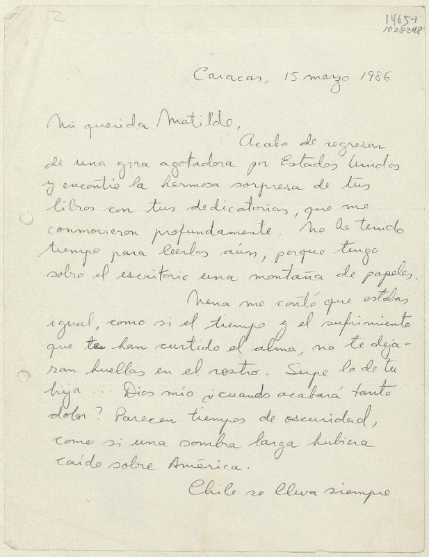 [Carta] 1986 marzo 15, Caracas, Venezuela [a] Matilde Ladrón de Guevara  [manuscrito] Isabel Allende.
