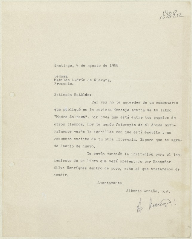 [Carta] 1988 agosto 4, Santiago, Chile [a] Matilde Ladrón de Guevara  [manuscrito] Alberto Arraño.