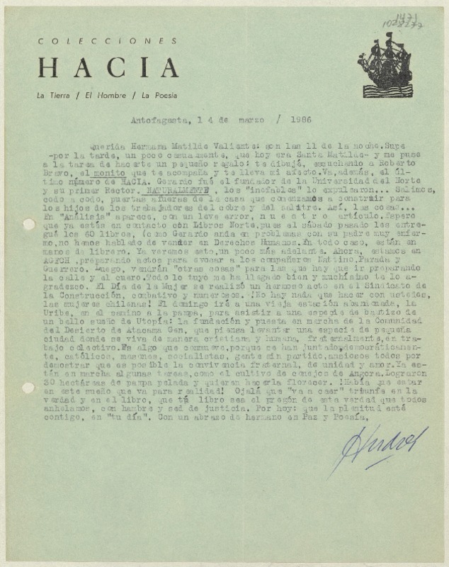 [Carta] 1986 marzo 14, Antofagasta, Chile [a] Matilde Ladrón de Guevara  [manuscrito] Andrés Sabella.
