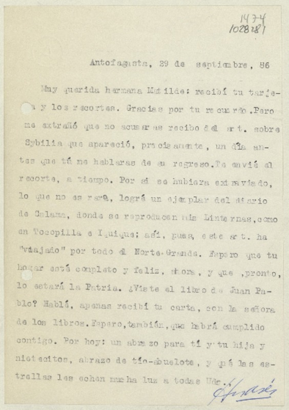 [Carta] 1986 septiembre 29, Antofagasta, Chile [a] Matilde Ladrón de Guevara  [manuscrito] Andrés Sabella.