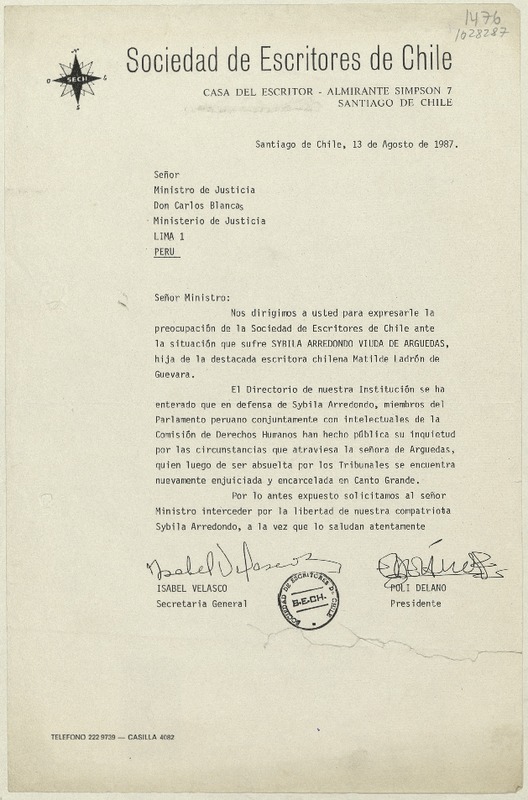 [Carta] 1987 agosto 13, Santiago, Chile [al] Ministro de Justicia don Carlos Blancas, Lima, Perú  [manuscrito] Poli Délano.