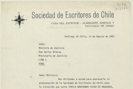 [Carta] 1987 agosto 13, Santiago, Chile [al] Ministro de Justicia don Carlos Blancas, Lima, Perú  [manuscrito] Poli Délano.