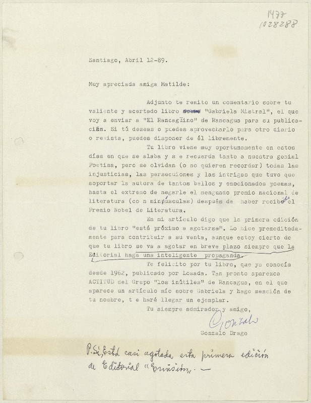 [Carta] 1989 abril 12, Santiago, Chile [a] Matilde Ladrón de Guevara  [manuscrito] Gonzalo Drago.