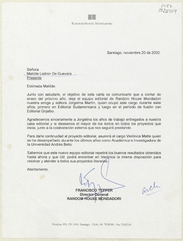 [Carta] 2002 noviembre 20, Santiago, Chile [a] Matilde Ladrón de Guevara  [manuscrito] Francisco Tepper.