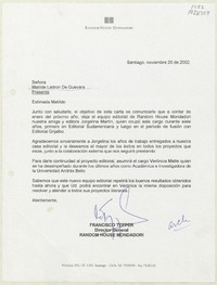 [Carta] 2002 noviembre 20, Santiago, Chile [a] Matilde Ladrón de Guevara  [manuscrito] Francisco Tepper.