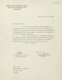 [Carta] 1987 julio 1, Santiago, Chile [a] Matilde Ladrón de Guevara  [manuscrito] Roque Esteban Scarpa y Alicia Mendiberri de Blanc.