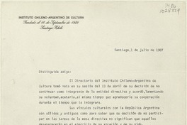 [Carta] 1987 julio 1, Santiago, Chile [a] Matilde Ladrón de Guevara  [manuscrito] Roque Esteban Scarpa y Alicia Mendiberri de Blanc.