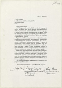 [Carta] 1996 junio 18, Milano, Italia [a] l'Ambasciatrice della Repubblica del Perú Ana María Deustra, Roma, Italia  [manuscrito] Lucia Agrati.