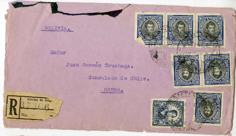 [Sobres] [entre 1928 y 1929] Santiago, Chile [a] Juan Guzmán Cruchaga, Oruro, Bolivia  [manuscrito] Marta Brunet.