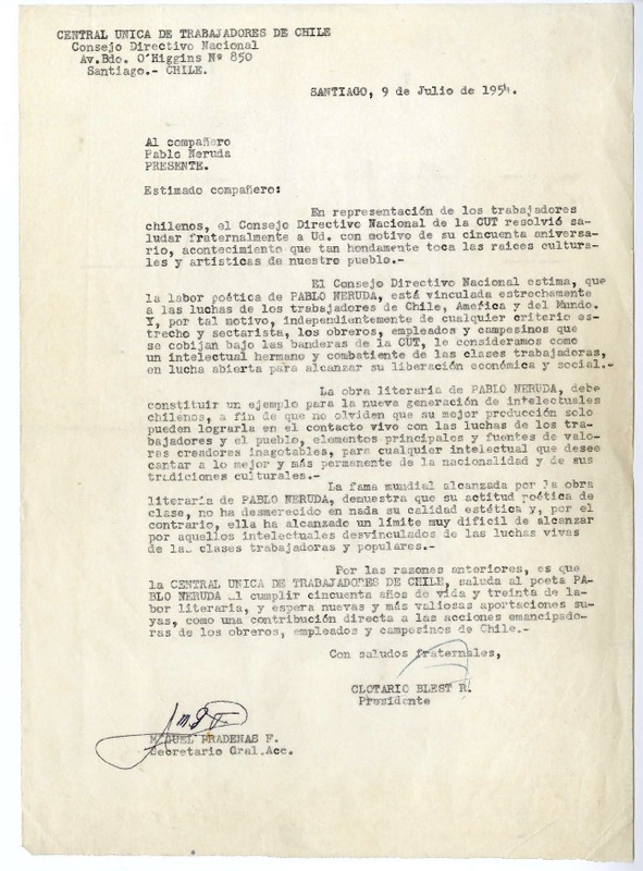 [Carta] 1954 julio 9, Santiago, Chile [a] compañero Pablo Neruda  [manuscrito] Clotario Blest, Miguel Pradenas.