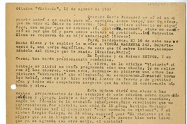 [Carta] 1951 agosto 13, Oficina "Victoria" [a] Mario Ferrero  [manuscrito] Andrés Sabella.