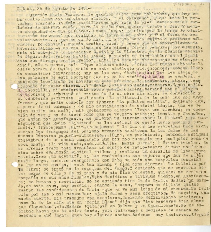 [Carta] 1951 agosto 26, Calama [a] Mario Ferrero  [manuscrito] Andrés Sabella.