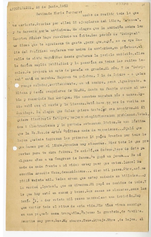 [Carta] 1953 junio 26, Antofagasta [a] Mario Ferrero  [manuscrito] Andrés Sabella.