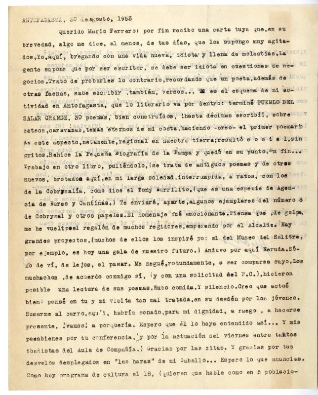 [Carta] 1953 agosto 30, Antofagasta [a] Mario Ferrero  [manuscrito] Andrés Sabella.