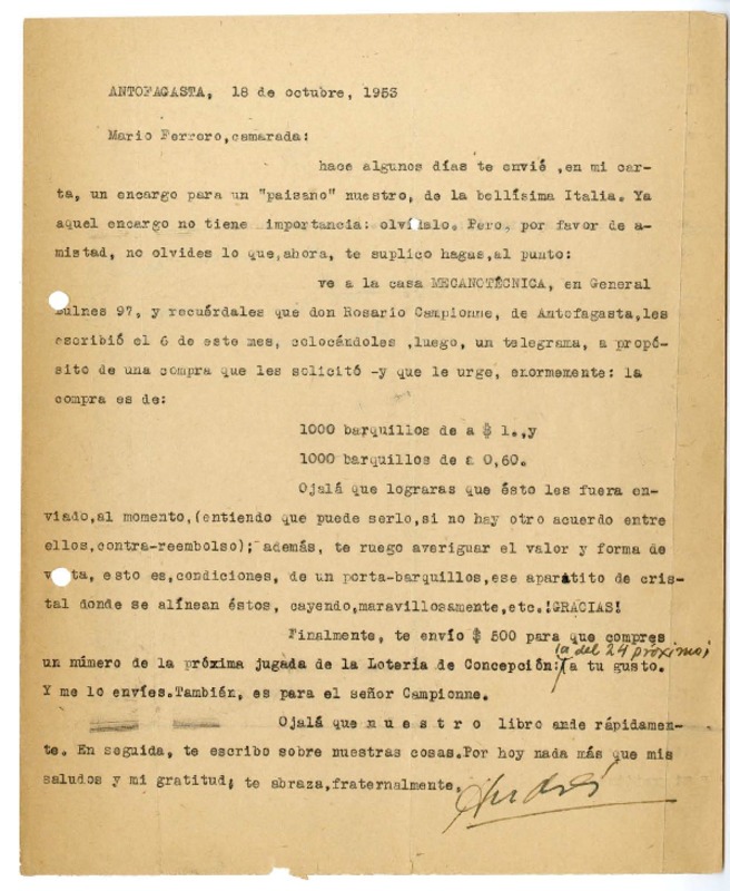 [Carta] 1953 octubre 18, Antofagasta [a] Mario Ferrero  [manuscrito] Andrés Sabella.