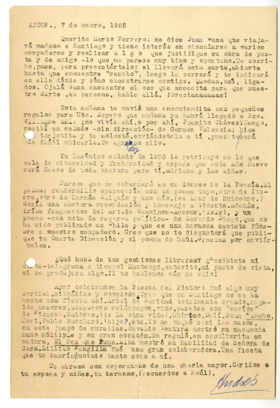 [Carta] 1955 enero 7, Antofagasta [a] Mario Ferrero  [manuscrito] Andrés Sabella.