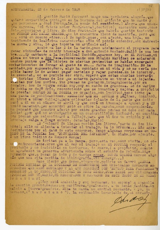 [Carta] 1955 febrero 23, Antofagasta [a] Mario Ferrero  [manuscrito] Andrés Sabella.
