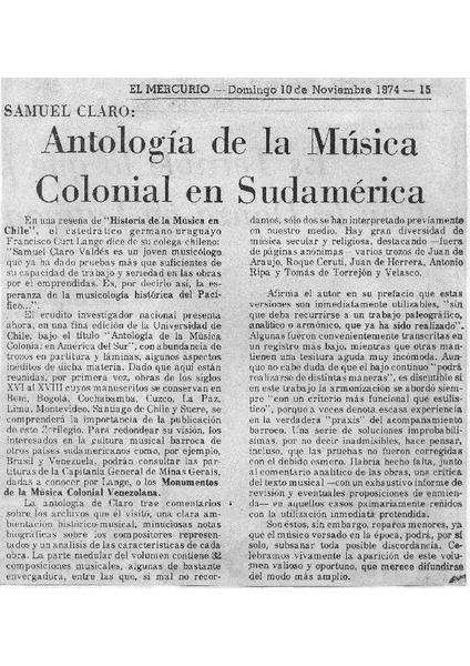 Antología de la Música colonial en Sudamérica Samuel Claro.