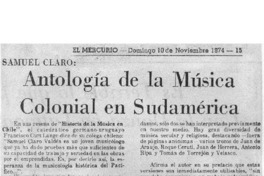 Antología de la Música colonial en Sudamérica Samuel Claro.