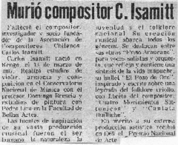 Murió compositor C. Isamitt