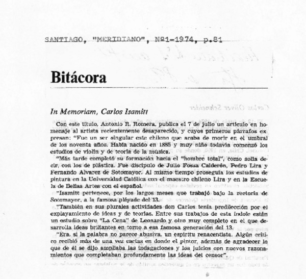Bitácora In Memoriam, Carlos Isamitt