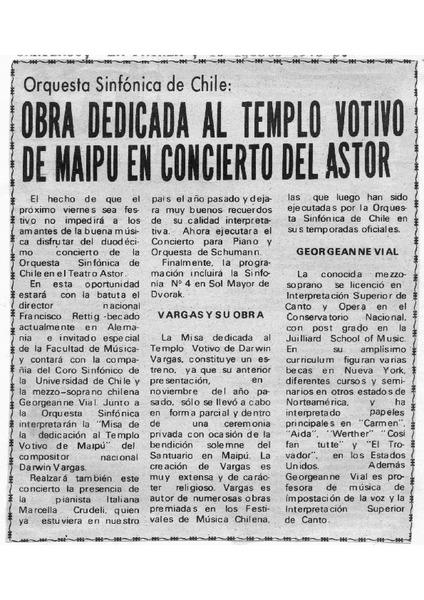 Obra dedicada al templo votivo de Maipú en Concierto del Astor Orquesta Sinfónica de Chile.