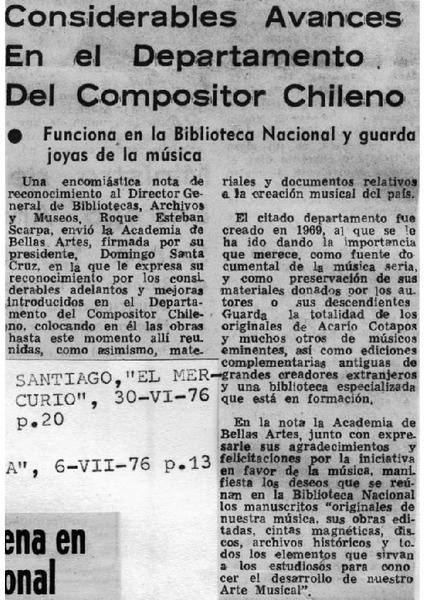 Considerables avances en el Departamento del Compositor Chileno Funciona en la Biblioteca Nacional y guarda joyas de la música