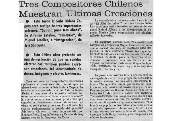 Tres Compositores Chilenos Muestran Últimas Creaciones.