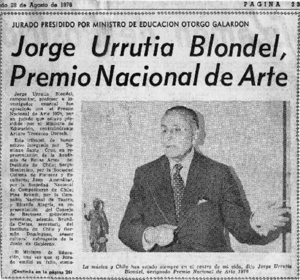 Jorge Urrutia Blondel, Premio Nacional de Arte
