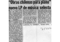 "Obras Chilenas para Piano" nuevo LP de música selecta