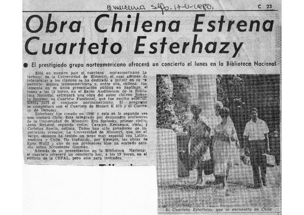 Obra Chilena Estrena el Cuarteto Esterhazy