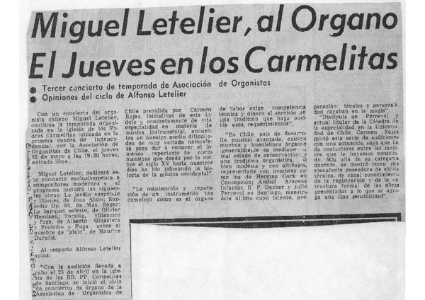 Miguel Letelier al Organo el jueves en los Carmelitas.