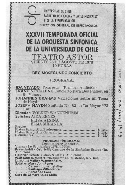 XXXVII Temporada oficial de la Orquesta Sinfónica de la Universidad de Chile Teatro Astor, viernes 25 de agosto de 1978