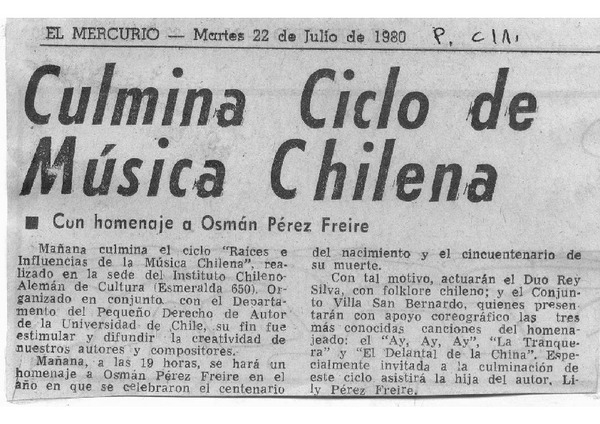 Culmina Ciclo de Música Chilena Con homenaje a Osmán Pérez Freire